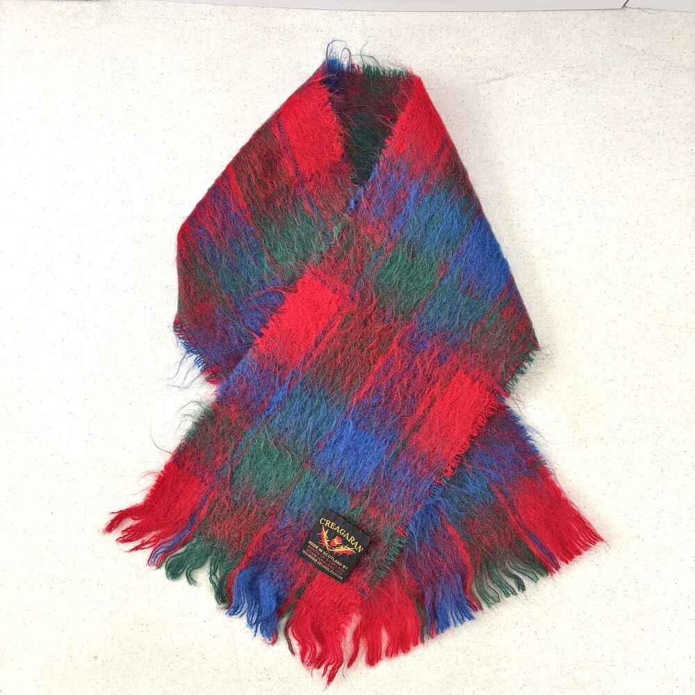 Vintage Creagaran Tartan Plaid Mohair Blend Scarf Fringed Winter Scotland Cozy